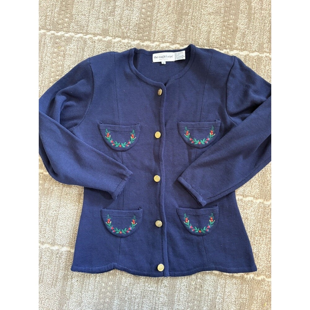 Vintage 80s 90s The Eagle’s Eye Navy Cardigan Jacket M Floral Embroidered Gold